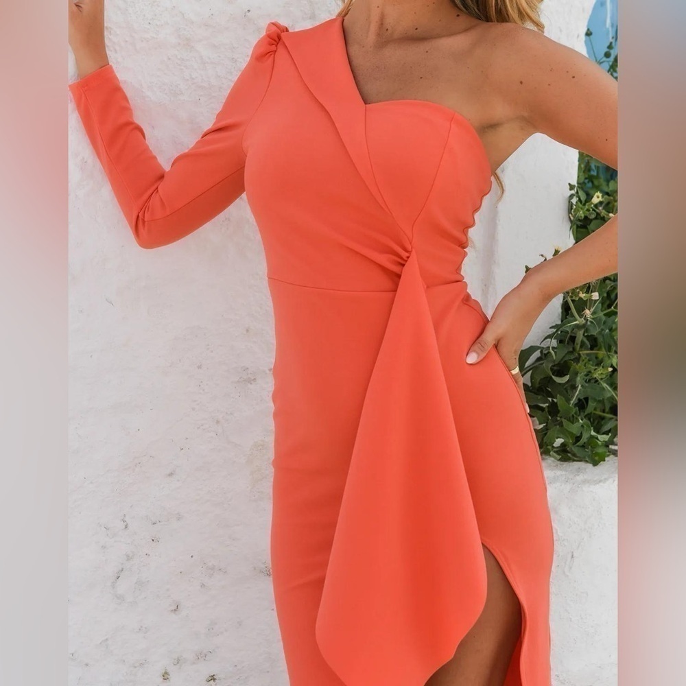 Womens Dresses | Coral One Shoulder Scuba Crepe Midi Dress - Picture 4 of 11